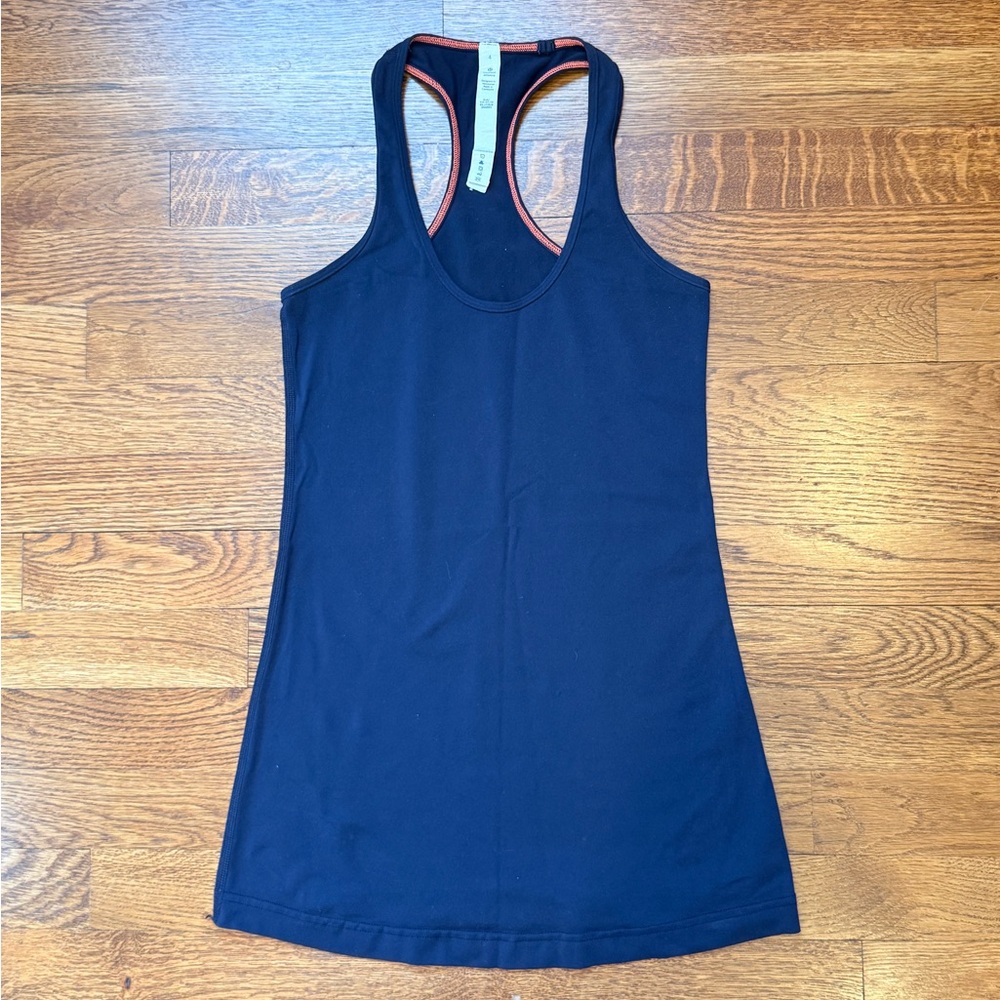Lululemon Navy Racerback with Orange Stitching, Size 4